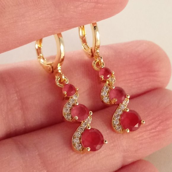 18K Yellow Gold Filled Red Diamond Zircon Swirl Dangle Earrings Women's Gift - Picture 4 of 4